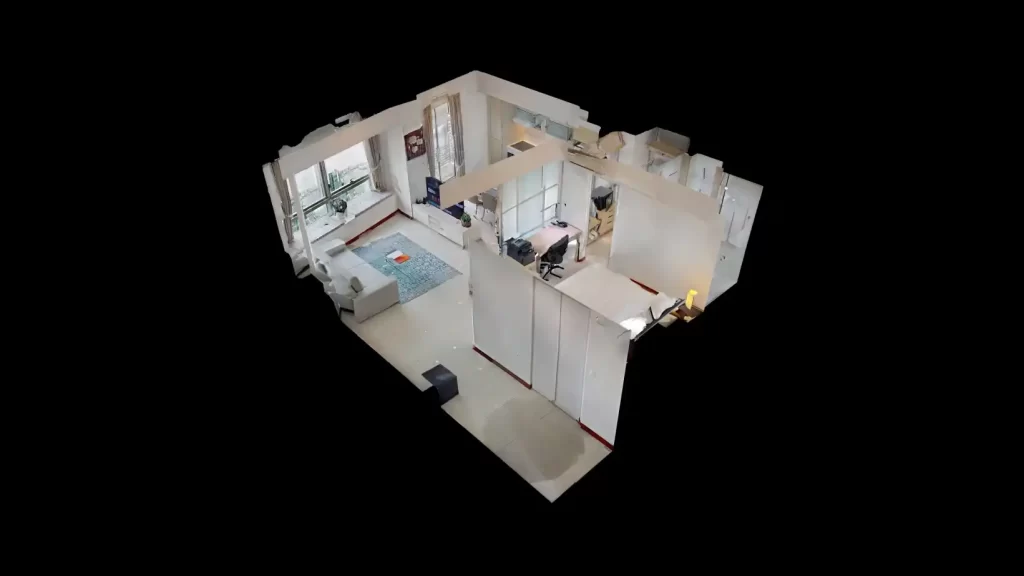 3D layout of a luxury serviced apartment showing living and dining areas.
