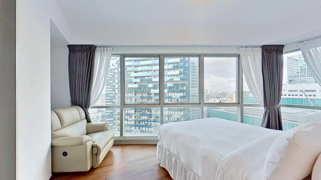 Modern apartment with bed and couch.