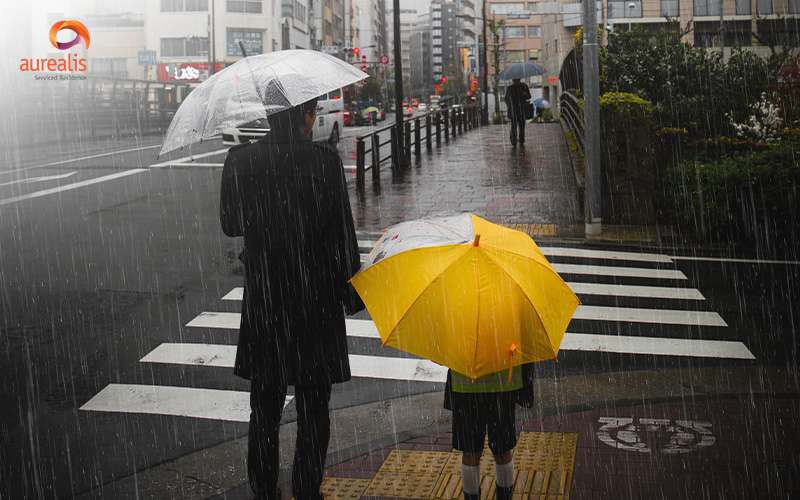 Two people holding umbrellas in the rain