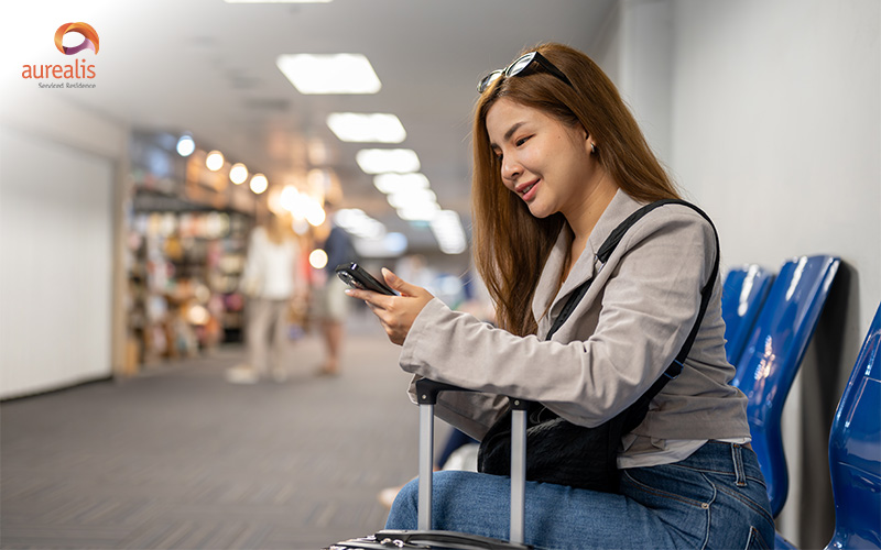 Young woman seated in airport terminal smiling at smartphone with suitcase in front and busy hallway behind