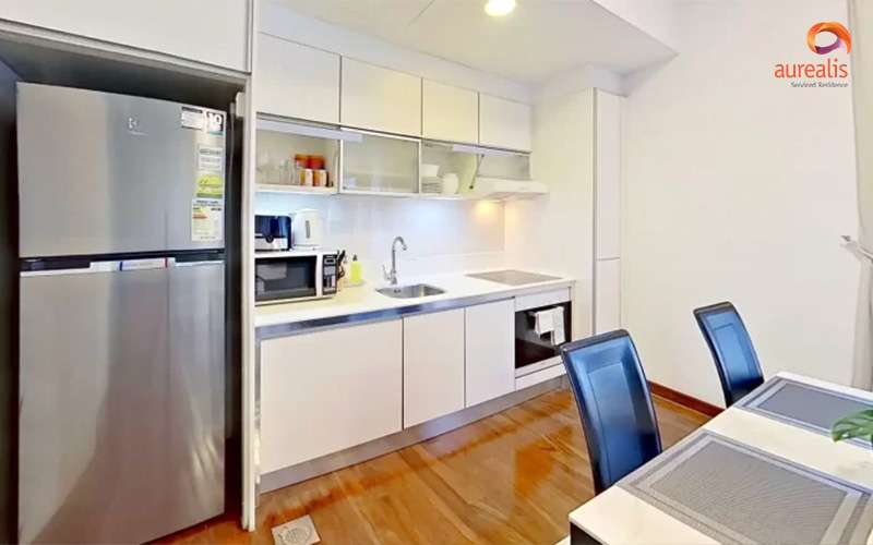 Modern, compact kitchen design in a Singapore small luxury apartment maximizing space.