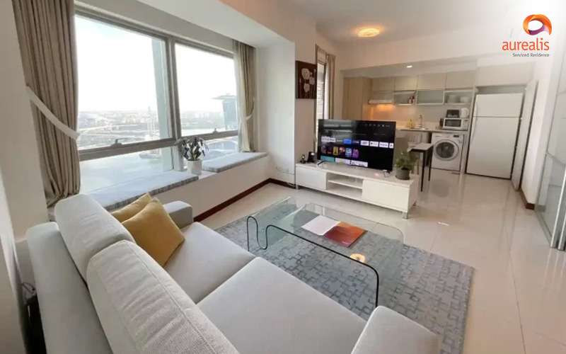 Spacious and modern living area in a luxury apartment.
