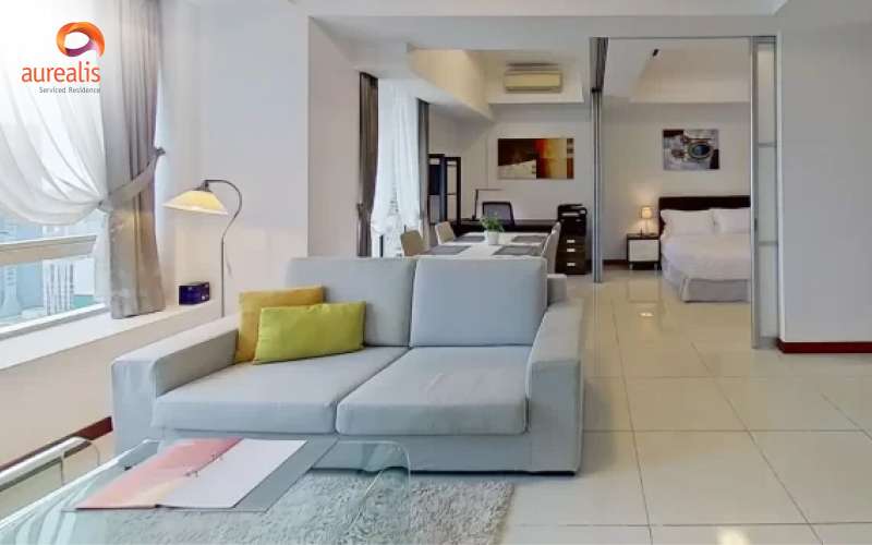 Spacious modern living room in a Singapore serviced apartment.