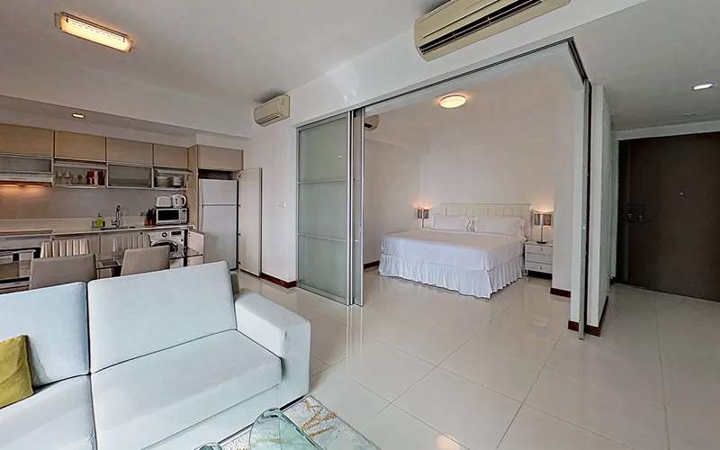 Modern Aurealis Group serviced apartment with integrated kitchen amenities.