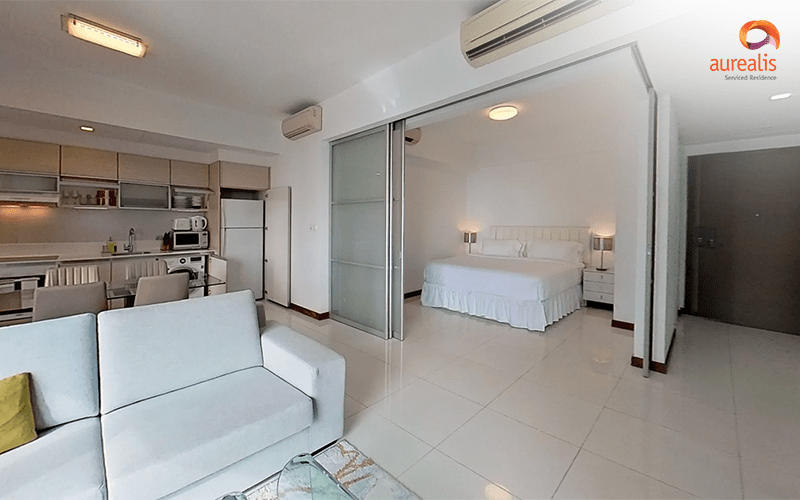 Spacious studio apartment layout at Aurealis Serviced Residence.